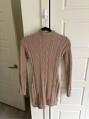 Crescent Taupe Cable Knit Turtleneck Sweater Dress